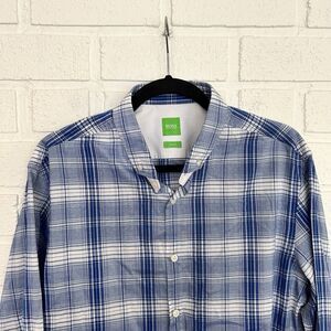 Hugo Boss Button Up Shirt Slim Fit Mens XL Flip Cuff Blue Plaid Long Sleeve